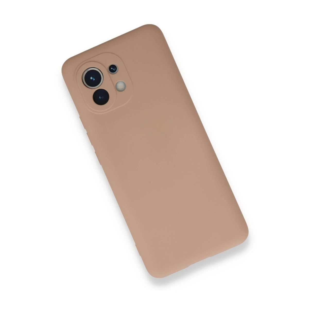Tozlu gül rengi telefon kılıfı, beyaz arka plan üzerinde kamera kesiği.