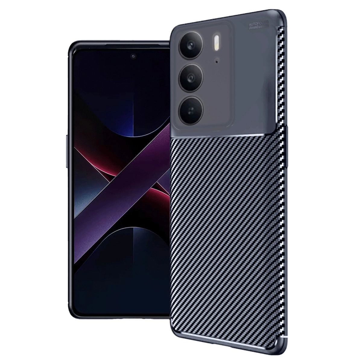 Karbon fiber kılıflı ve üçlü kamera sistemli koyu renkli bir akıllı telefon.
