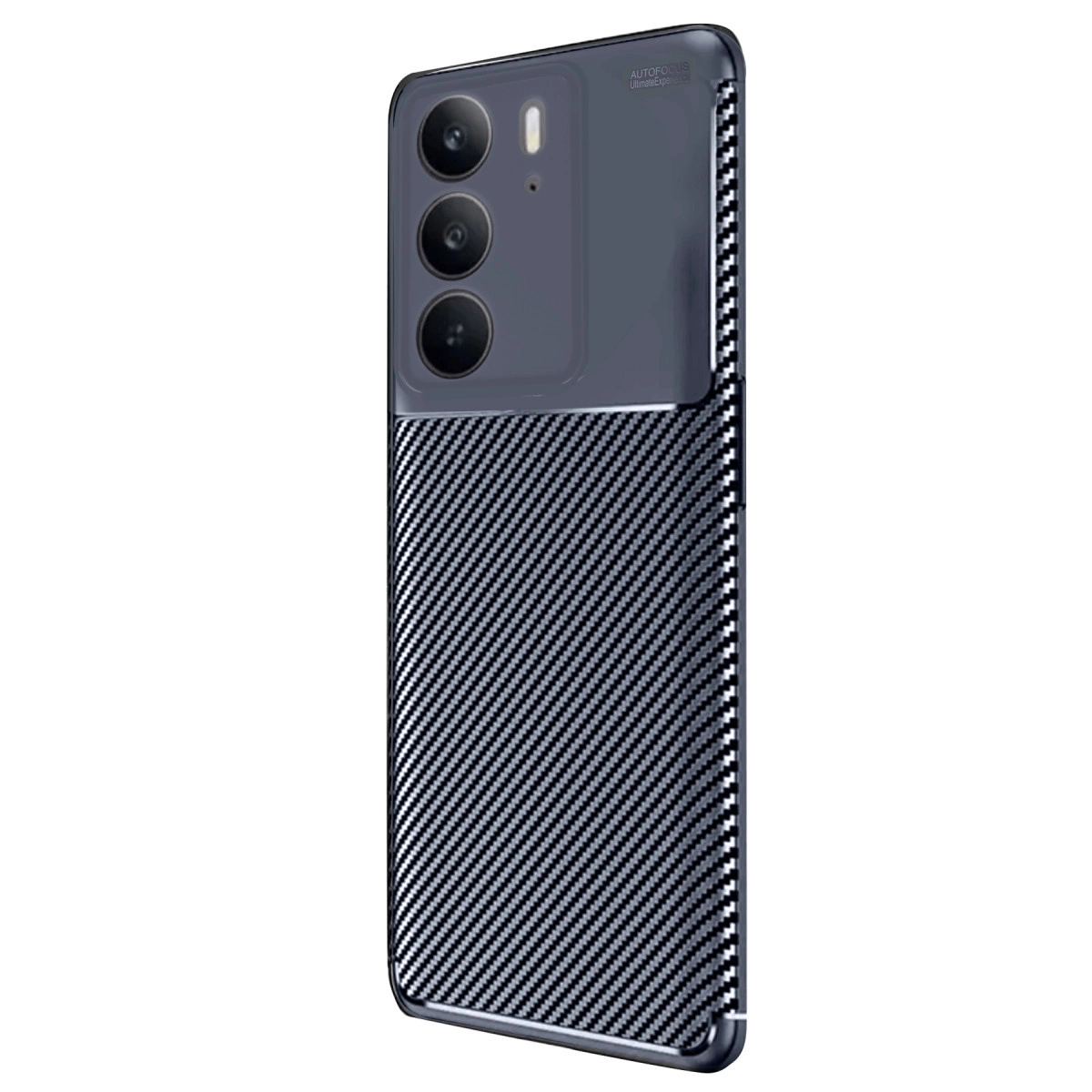 Karbon fiber desenli arkaya ve üç kameraya sahip koyu renkli bir akıllı telefon.