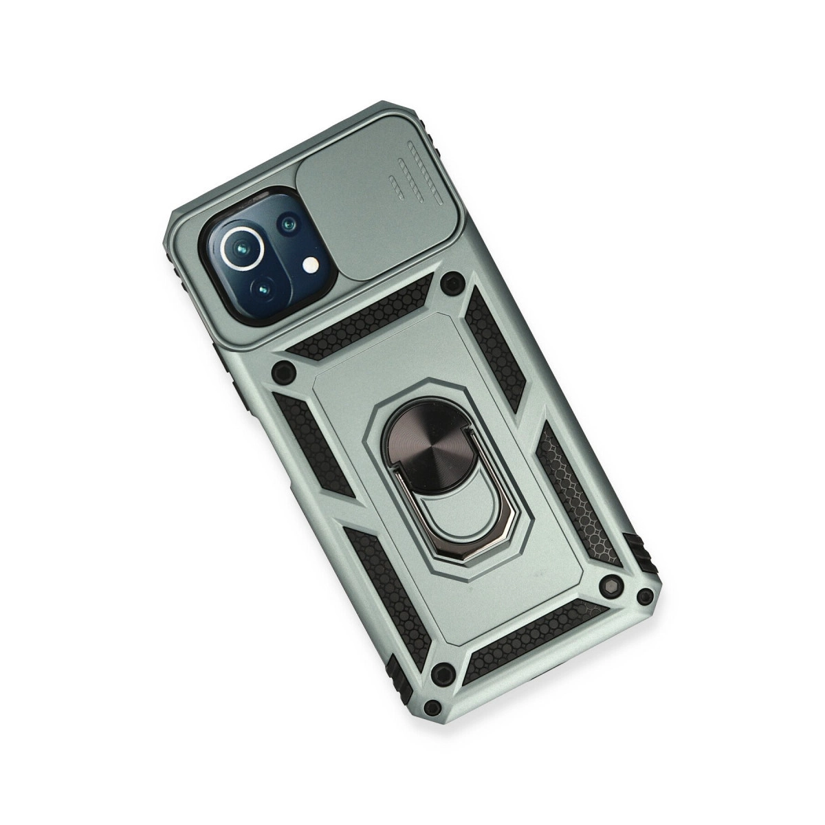 Kamera kapaklı ve halka tutuculu yeşil telefon kılıfı.