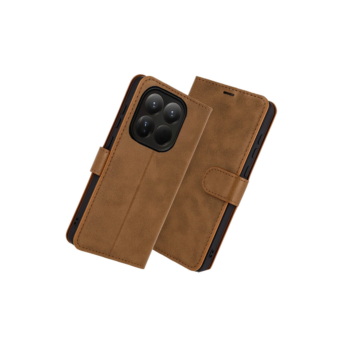 Kamera açıklığı ve kapaklı kahverengi telefon kılıfı.