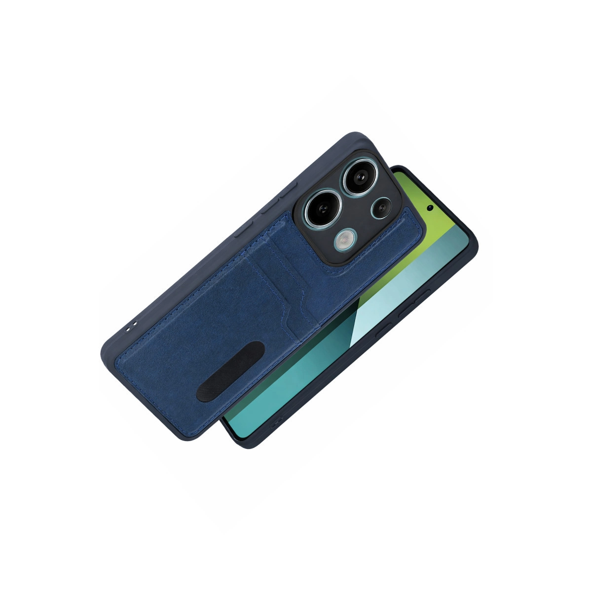 Kameralı ve kartlıklı mavi telefon beyaz zeminde.