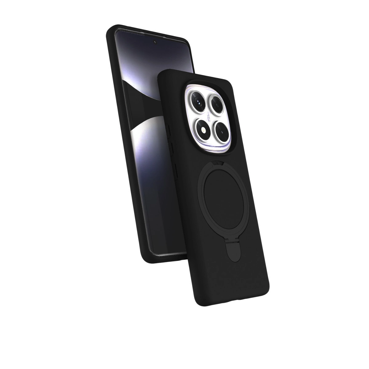 Siyah koruyucu kılıflı ve kamera modüllü siyah akıllı telefon.