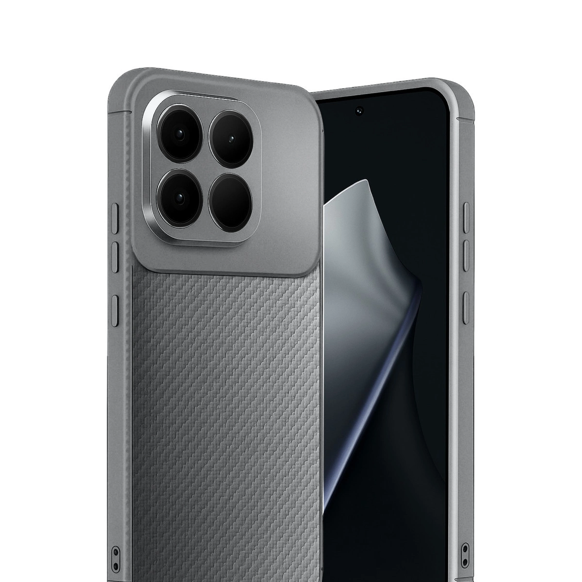 Karbon fiber dokulu, dört lensli gri telefon kılıfı. Telefon ekranı görünür.