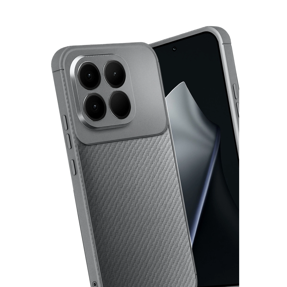Dört kameralı ve karbon fiber dokulu gri telefon kılıfı.