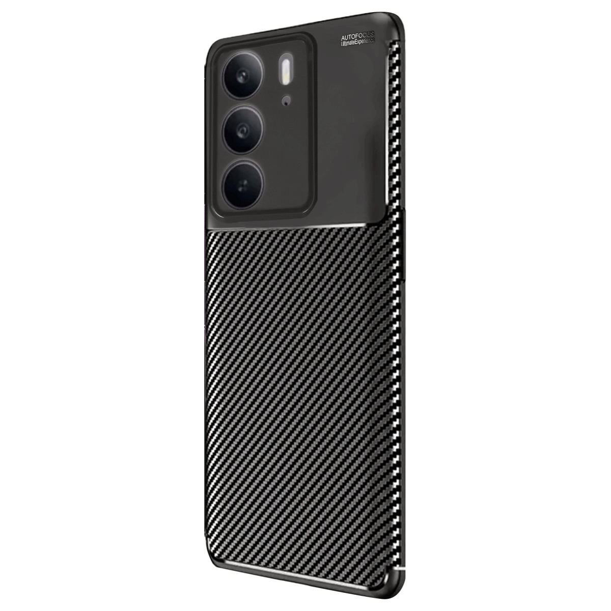 Karbon desenli siyah akıllı telefon, üçlü kamera ve flaş.