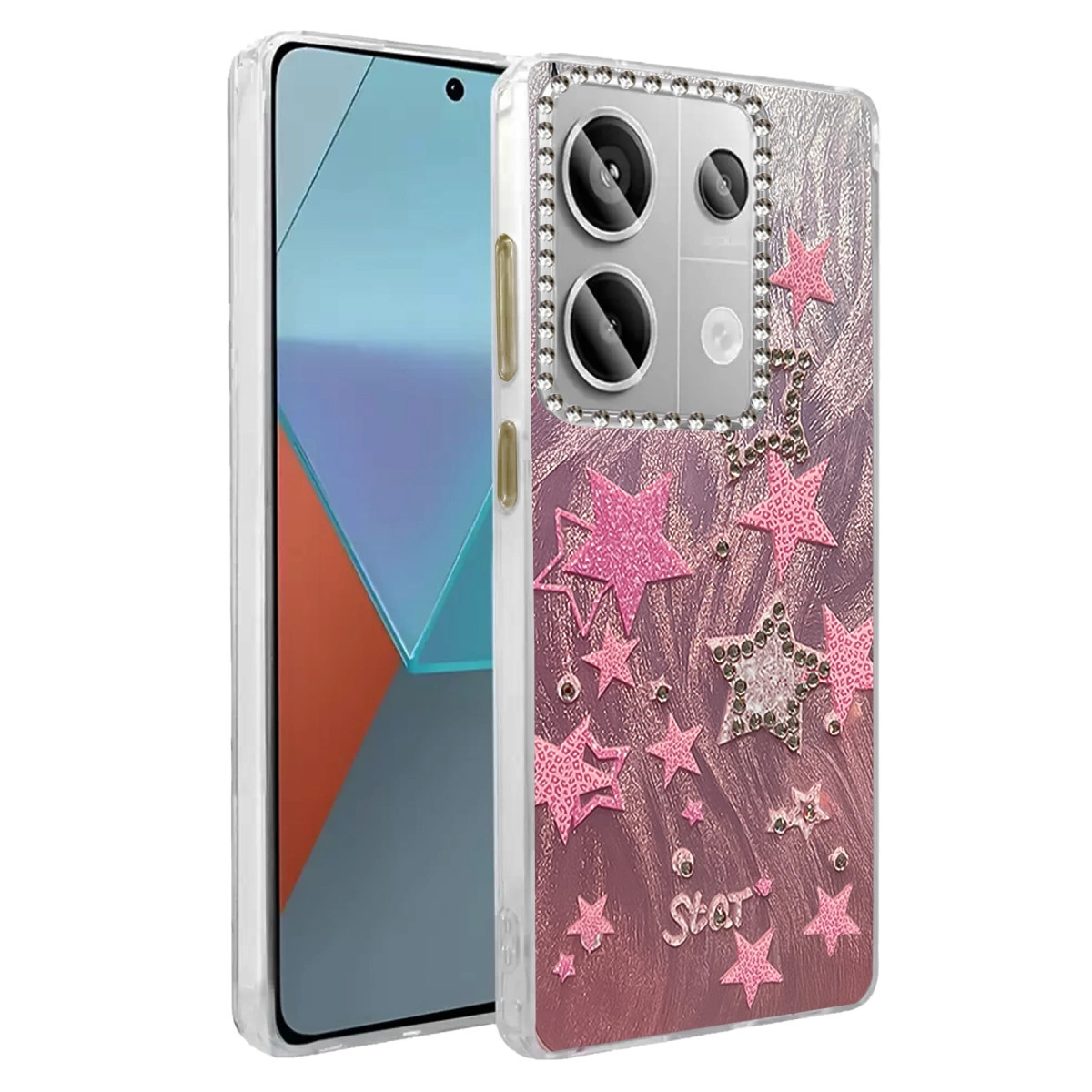 Pembe yıldızlar ve simlerle süslenmiş şeffaf telefon kılıfı.