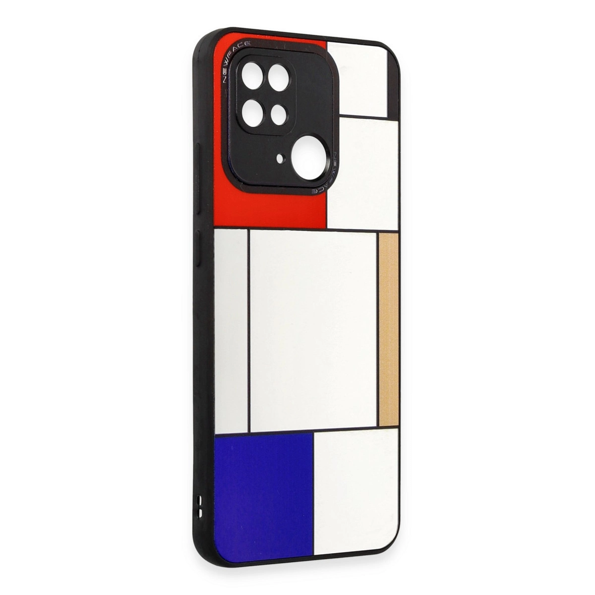 Kırmızı, mavi, beyaz ve sarı renklerde Mondrian esintili tasarıma sahip akıllı telefon kılıfı.