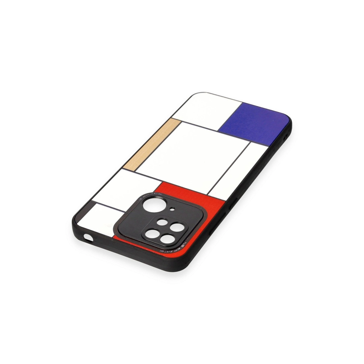 Mondrian desenli telefon kılıfı: beyaz, kırmızı, mavi, ahşap vurgu.