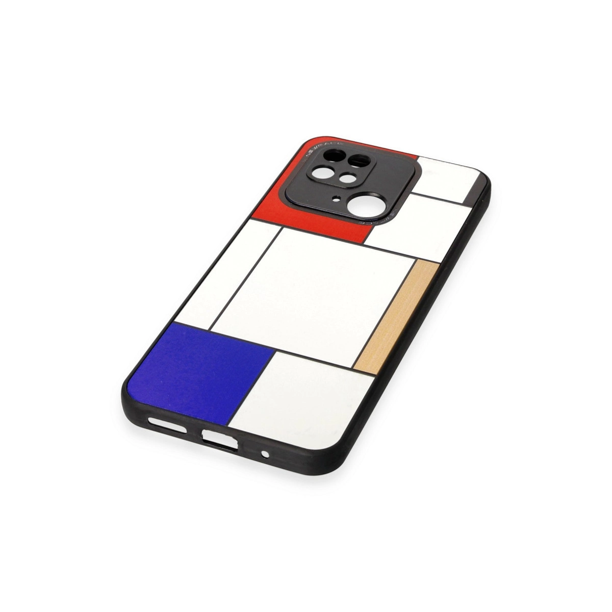 Mondrian tarzı kılıflı akıllı telefon, siyah, beyaz, kırmızı ve mavi.