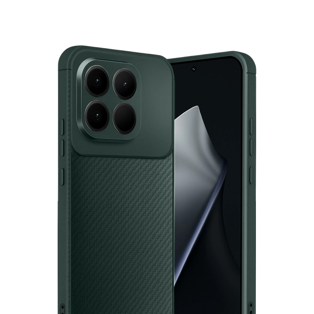 Dört kameralı, dokulu koyu yeşil telefon kılıfı.