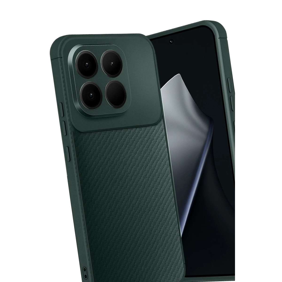 Dört kameralı, karbon dokulu koyu yeşil telefon kılıfı. Arkada telefon.