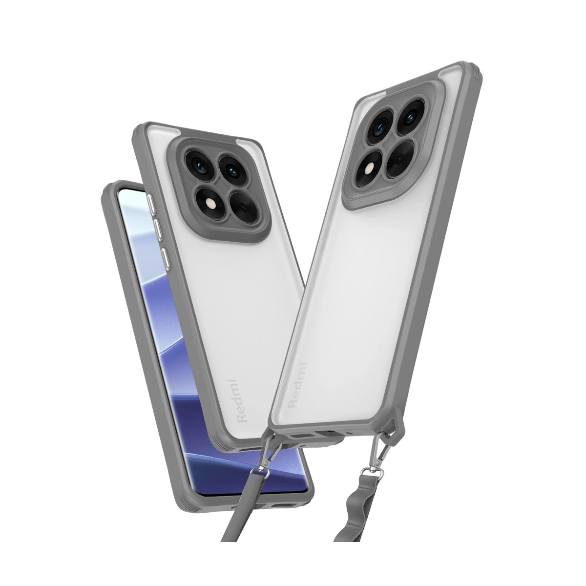 Gri kenarlı ve kamera sistemli iki şeffaf telefon kılıfı.