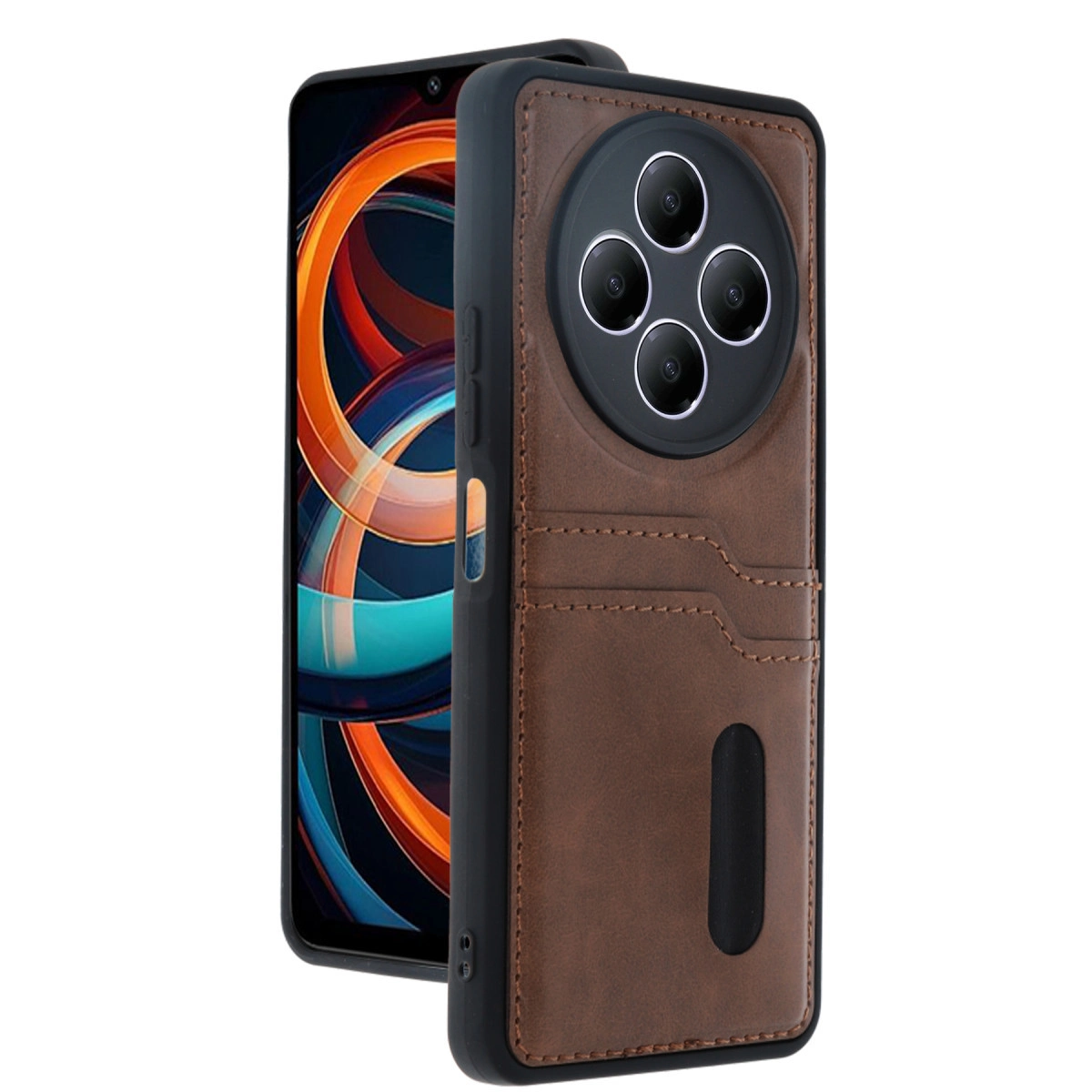 Dört arka kamerası ve kart yuvaları olan kahverengi deri telefon kılıfı. Minimalist tasarım.