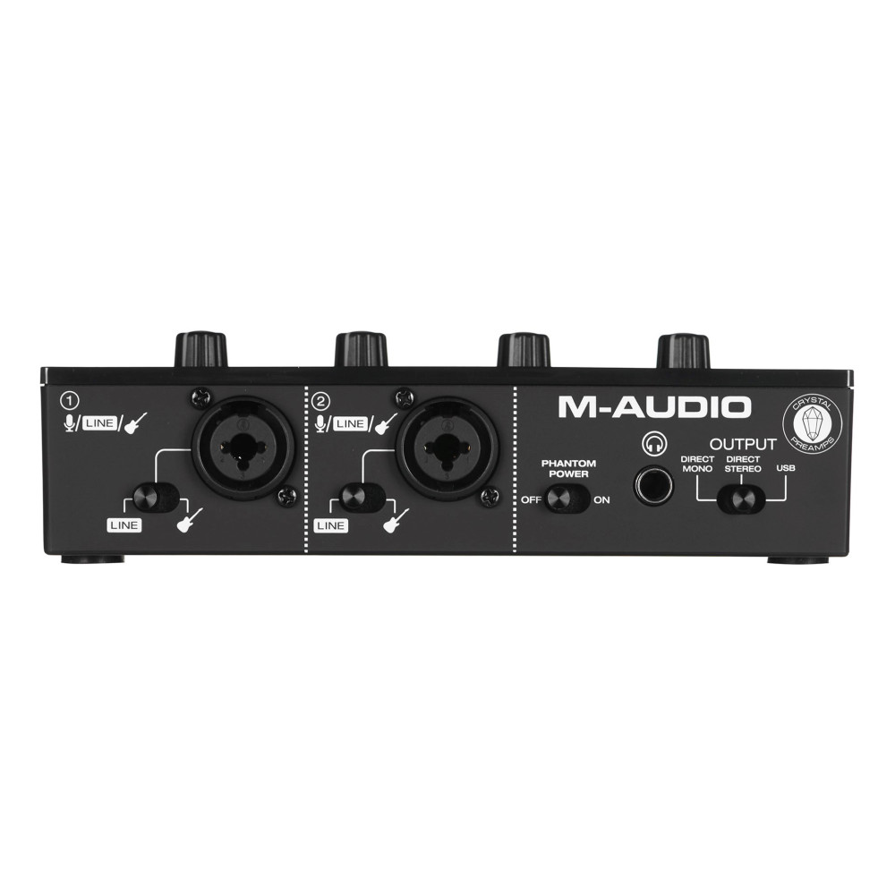 Schwarzes M-Audio Audio-Interface mit zwei XLR/Klinken-Eingängen und Reglern.