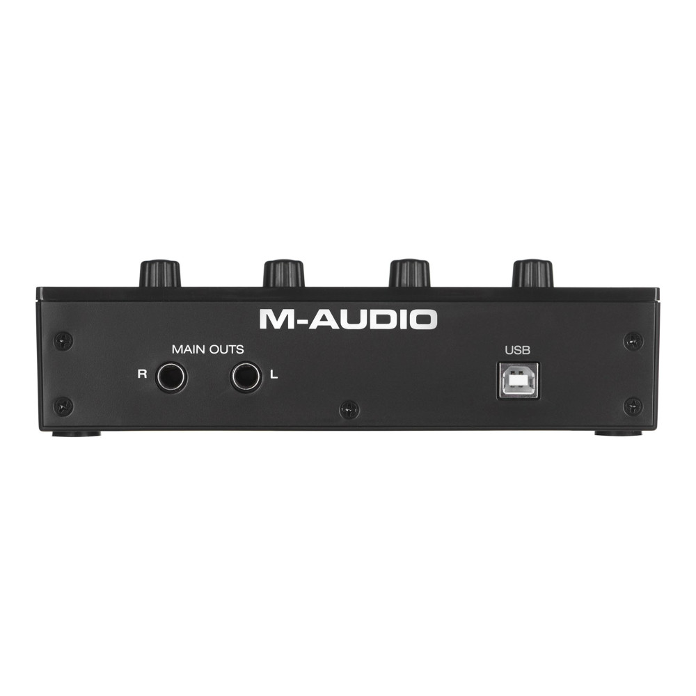 Rückseite eines M-Audio Geräts mit vier Drehreglern, Hauptausgängen (L/R) und USB-Anschluss.