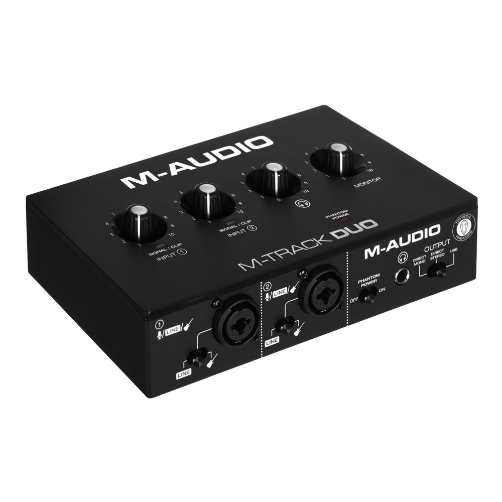 Schwarze M-Audio M-Track Duo Audio-Schnittstelle mit Knöpfen, Eingängen und Buchsen.