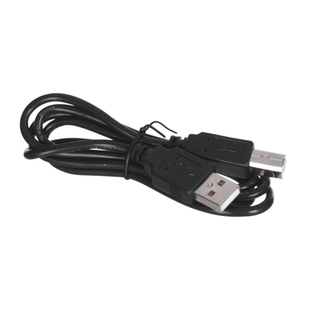 Ein schwarzes USB-Kabel mit Typ-A- und Typ-B-Anschlüssen, aufgewickelt.