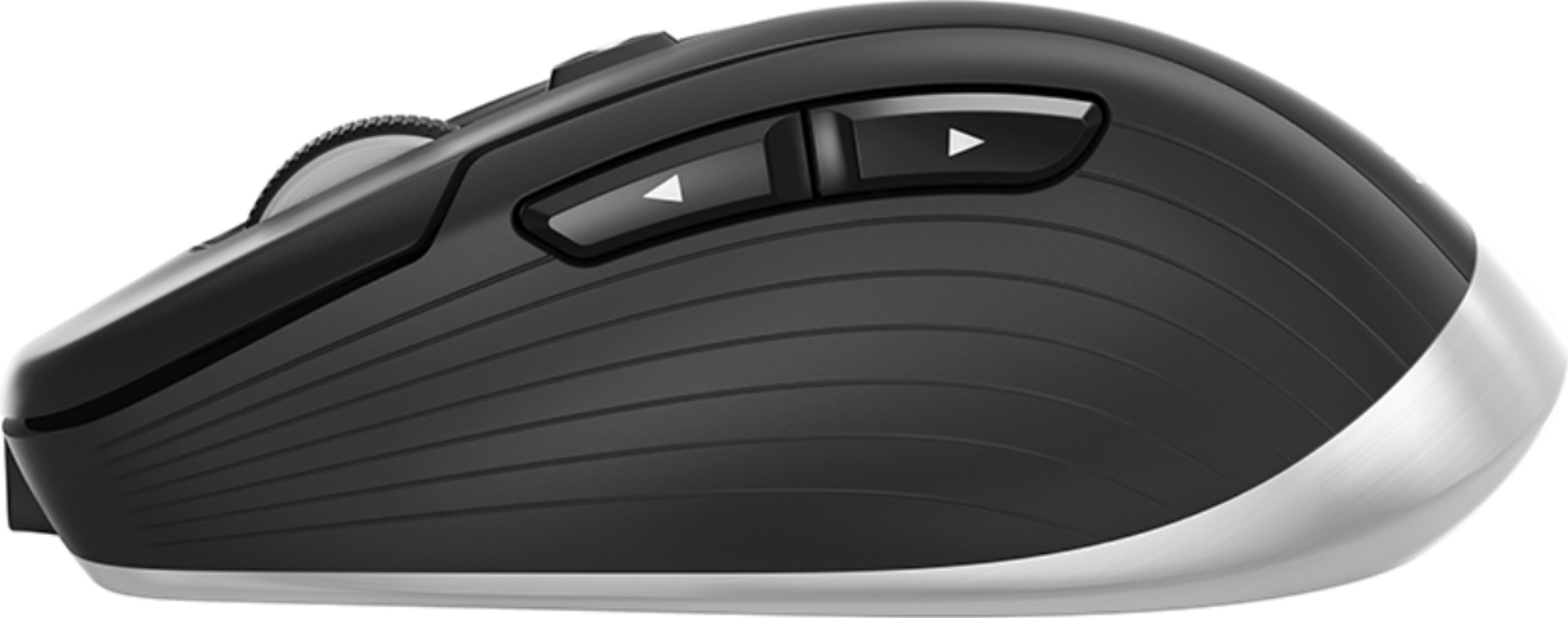 Schwarze Computermaus mit silbernem Rand, Scrollrad und zwei Tasten.