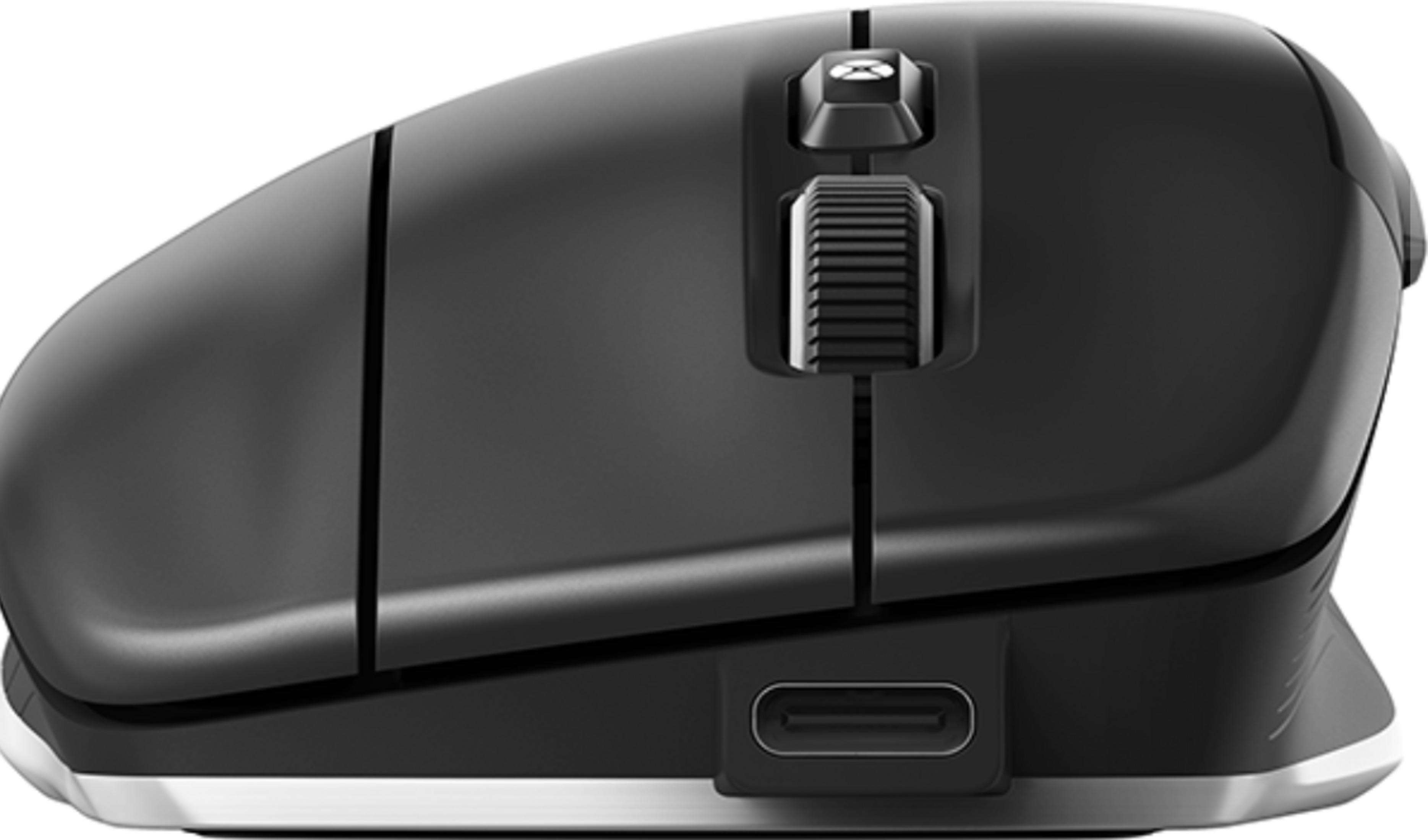 Schwarze Maus mit Scrollrad und USB-C-Anschluss.