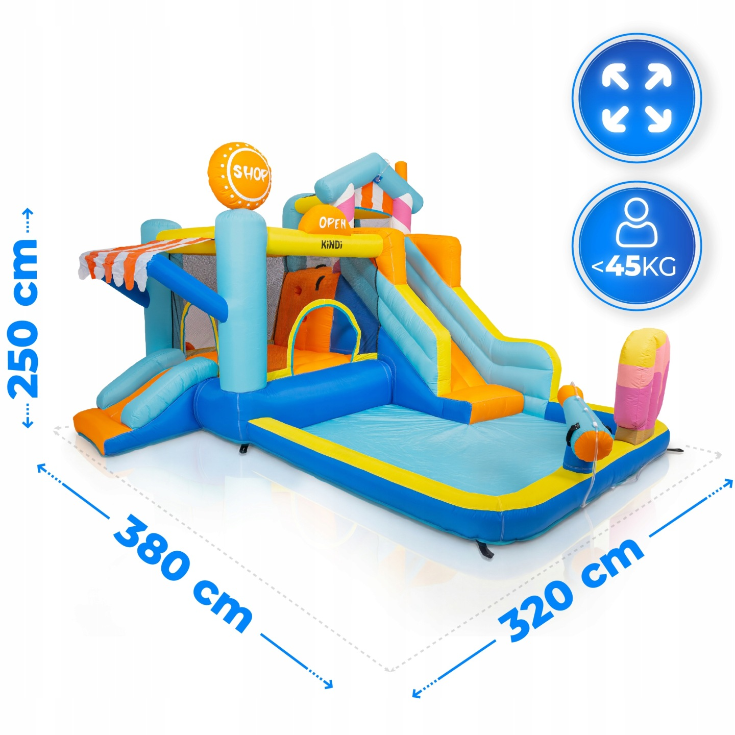 Aufblasbare Spielburg mit Rutschen, Pool und Shop-Dekoration. Maße 380x320x250cm.