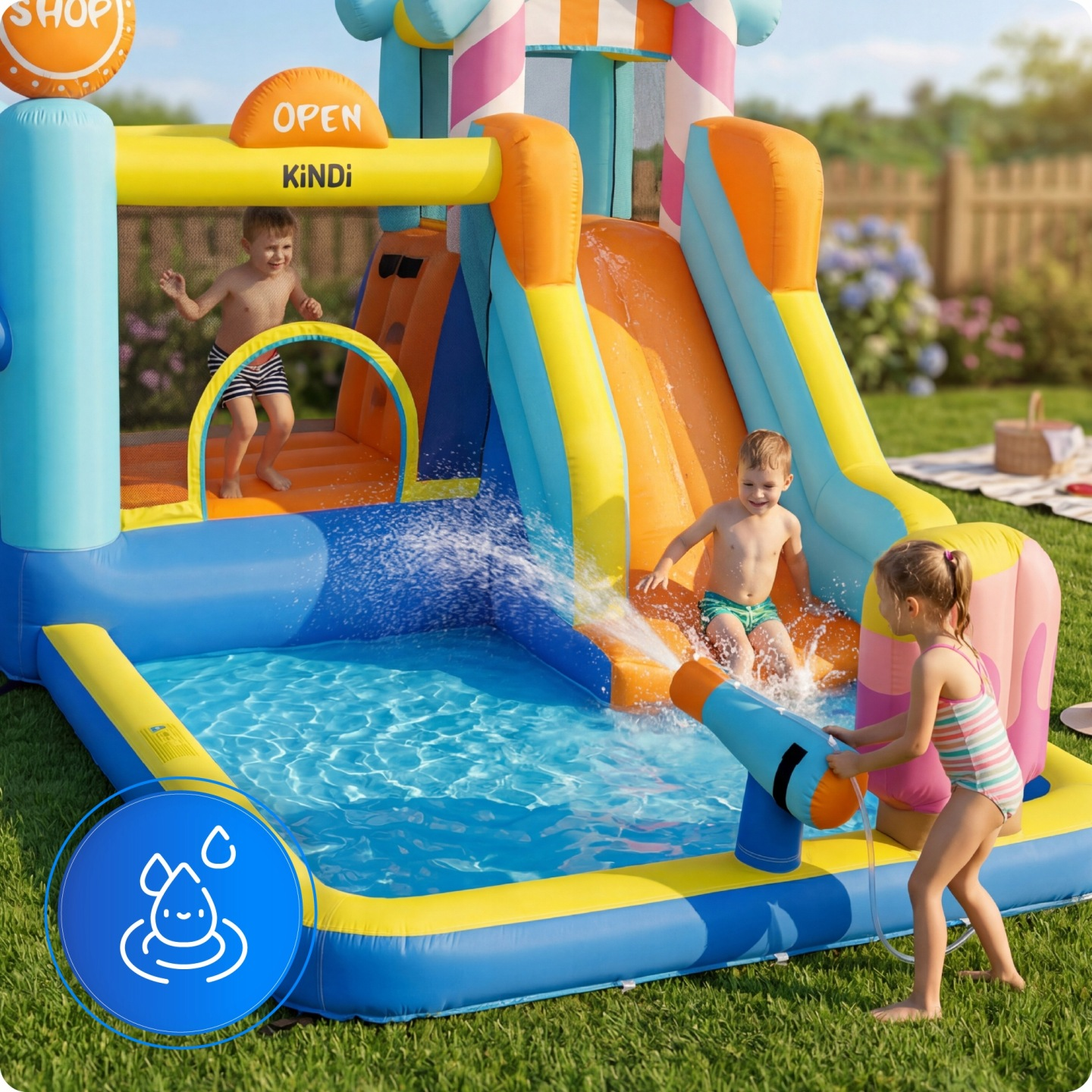 Kinder spielen auf einer aufblasbaren Wasserrutsche mit Pool. Ein Junge rutscht, ein anderer springt.