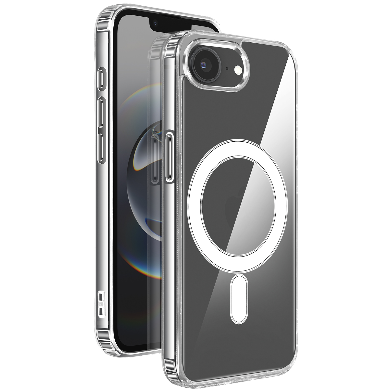 Een doorzichtige telefoonhoes met zilveren randen en een ringpatroon.