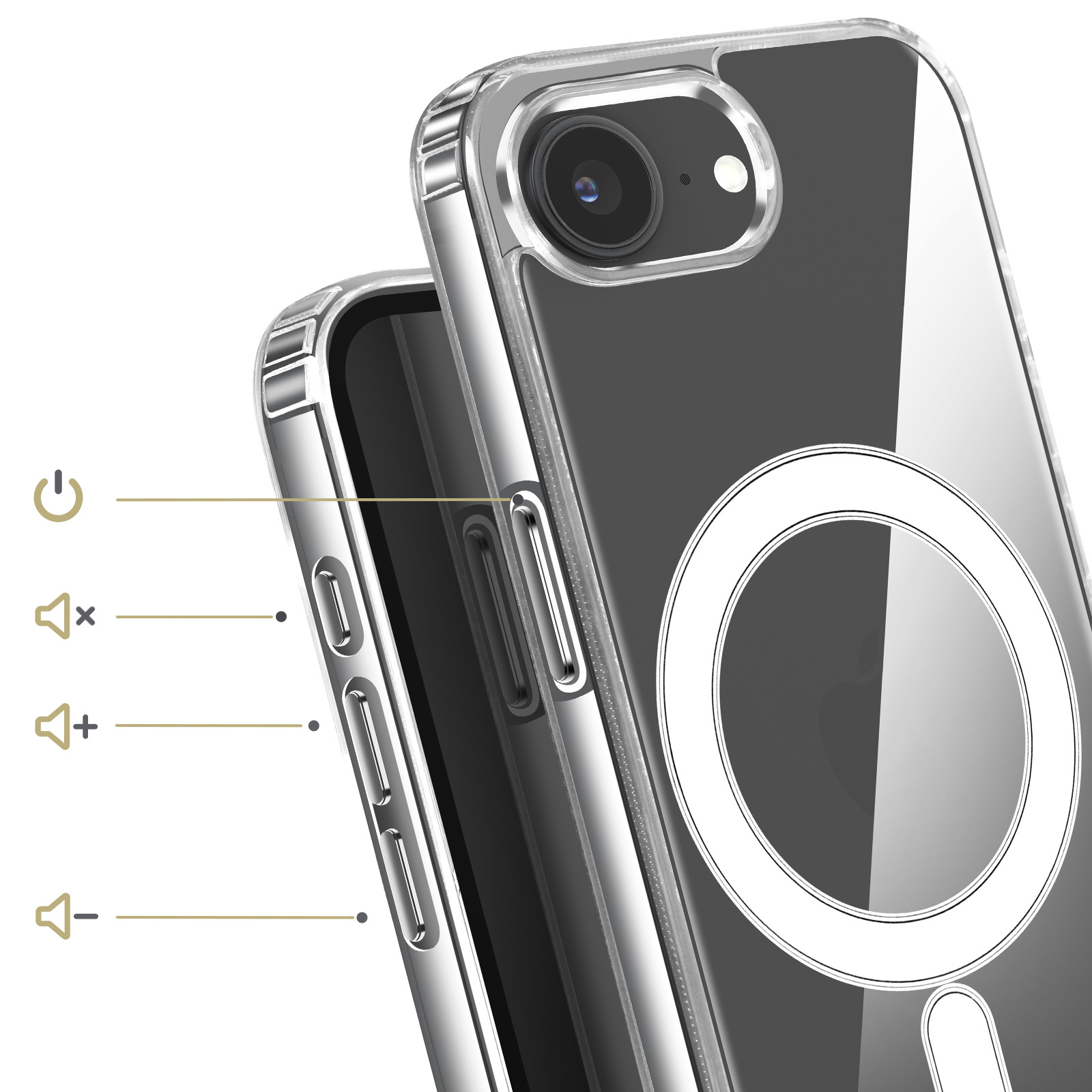 Doorzichtige telefoonhoes met volume- en aan/uitknoppen.