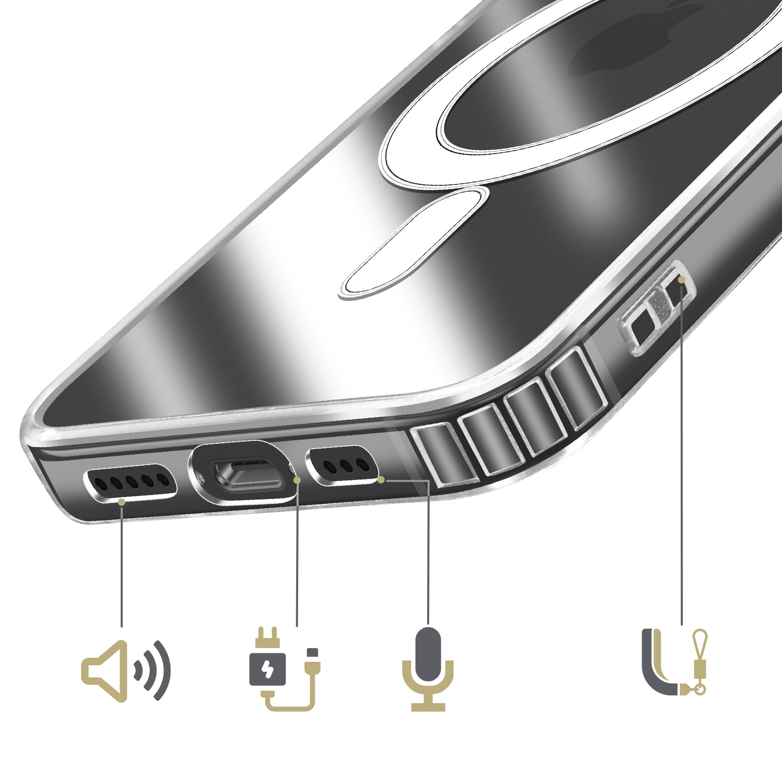 Close-up van een doorzichtige telefoonhoes met oplaadpoort en luidsprekers. Iconen tonen geluid, lading, microfoon, koord.