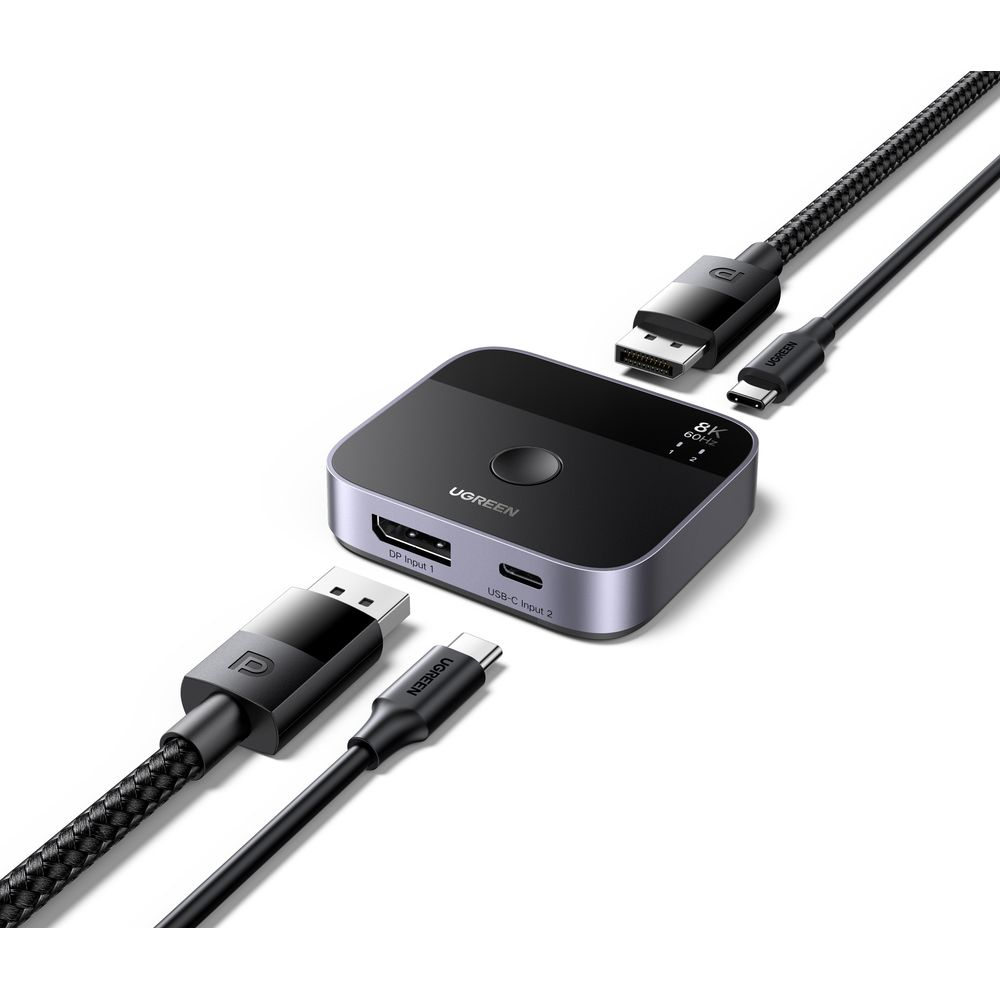 Czarny przełącznik UGREEN z 2 wejściami (DP i USB-C) i kablami.