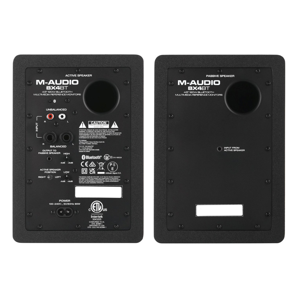 Widok z tyłu aktywnego i pasywnego głośnika M-Audio BX4BT.