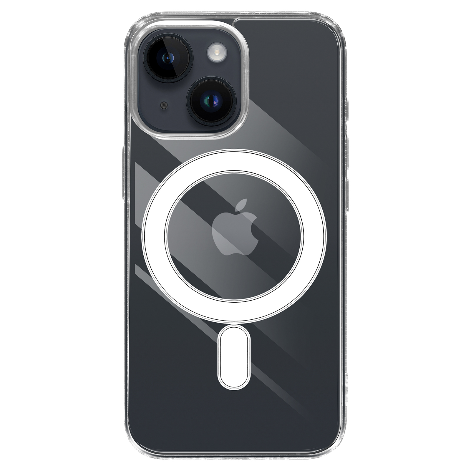 Coque de téléphone transparente avec cercle blanc et logo Apple.