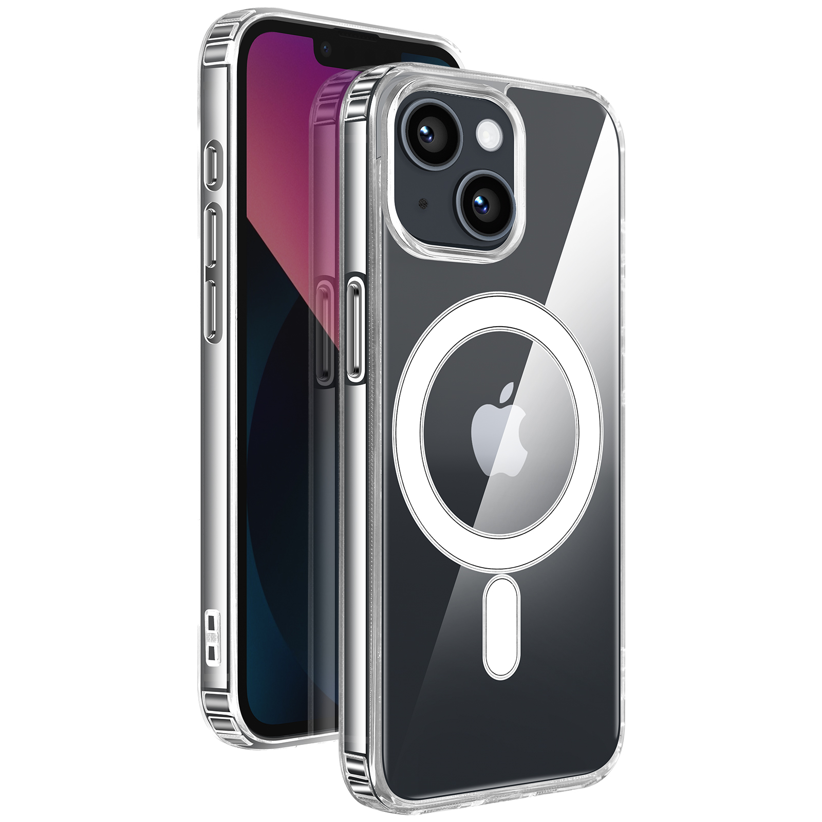 Coque de téléphone transparente avec logo Apple et anneau magnétique.