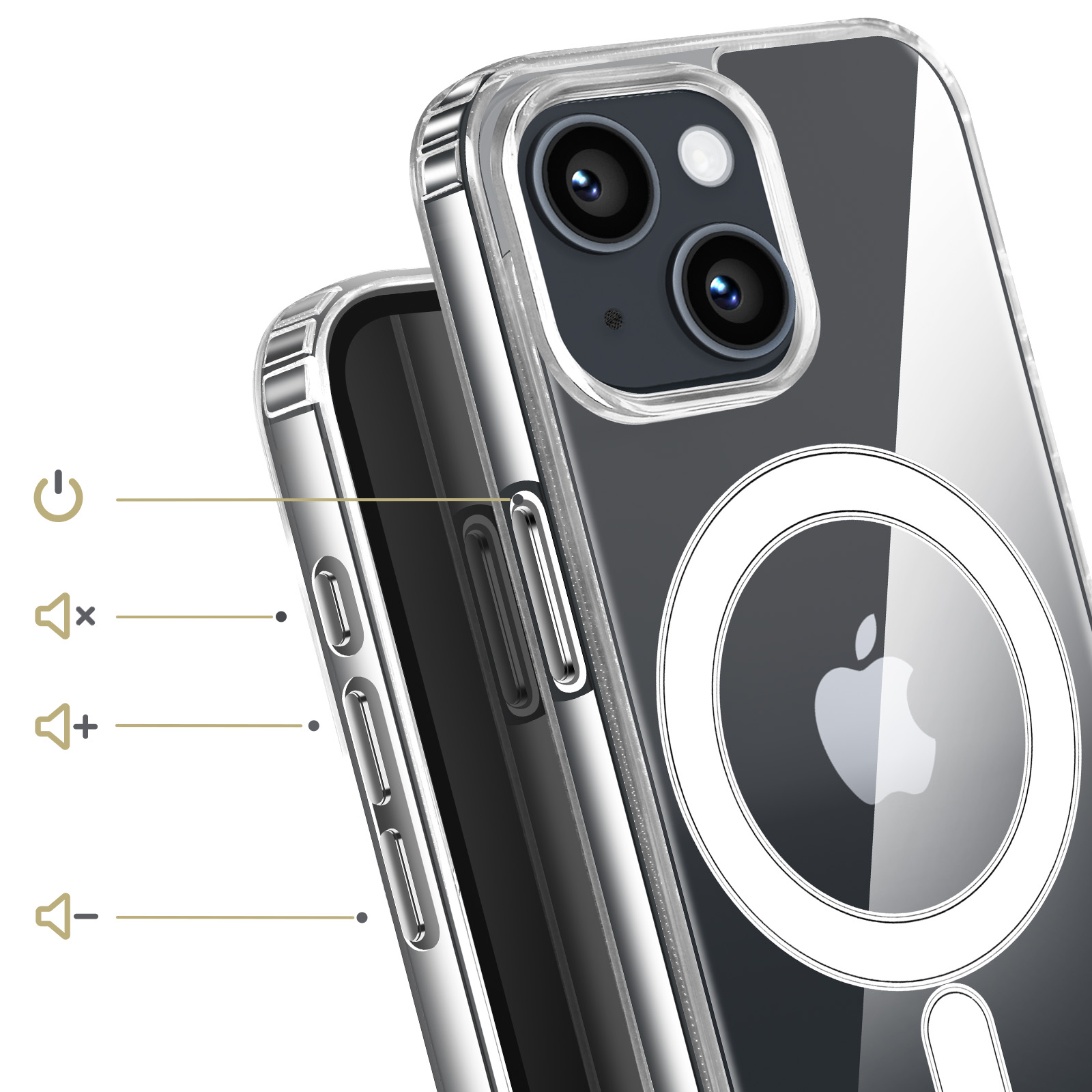 Coque de téléphone transparente montrant la caméra et le logo Apple.