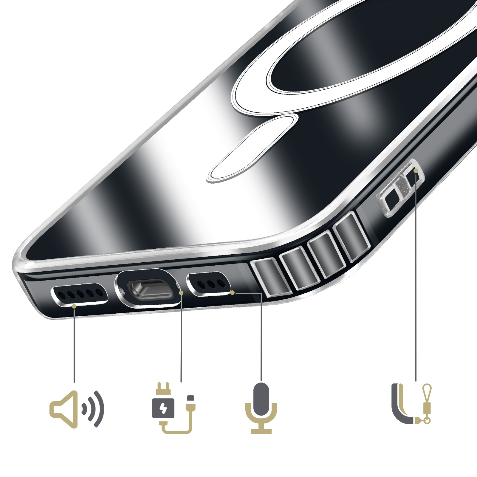 Gros plan d'un téléphone noir montrant les ports haut-parleur, charge, micro et boucle de lanière.