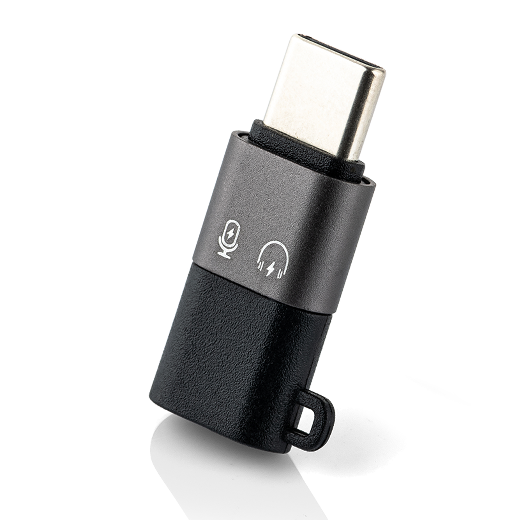 Een USB-C adapter met microfoon- en koptelefoonpictogrammen.