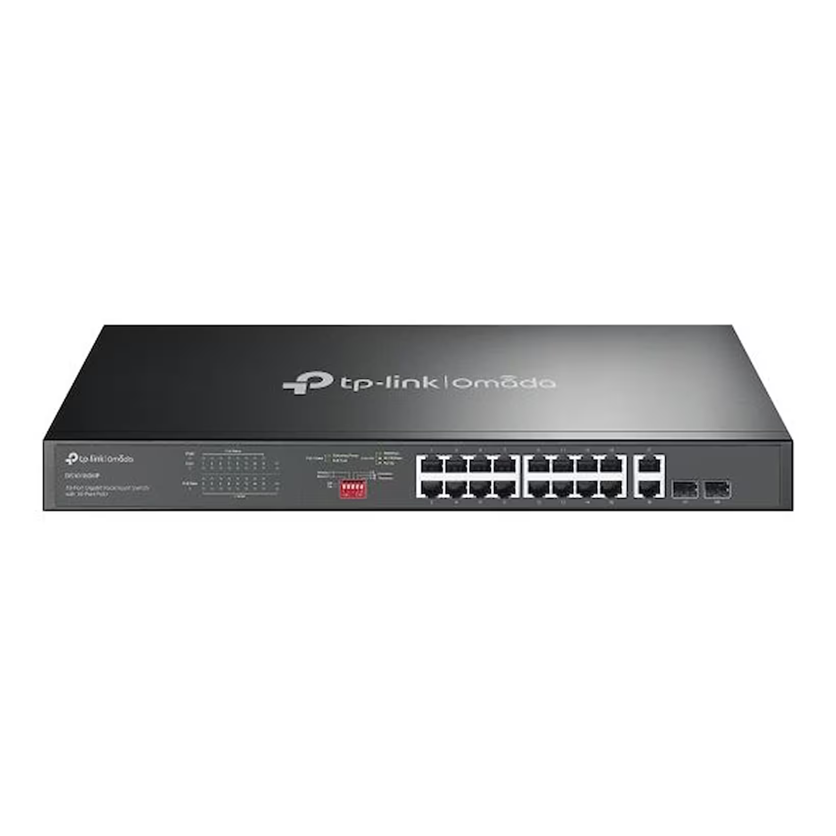 Çok sayıda RJ45 bağlantı noktasına sahip siyah bir TP-Link Omada 24 bağlantı noktalı gigabit akıllı anahtar.