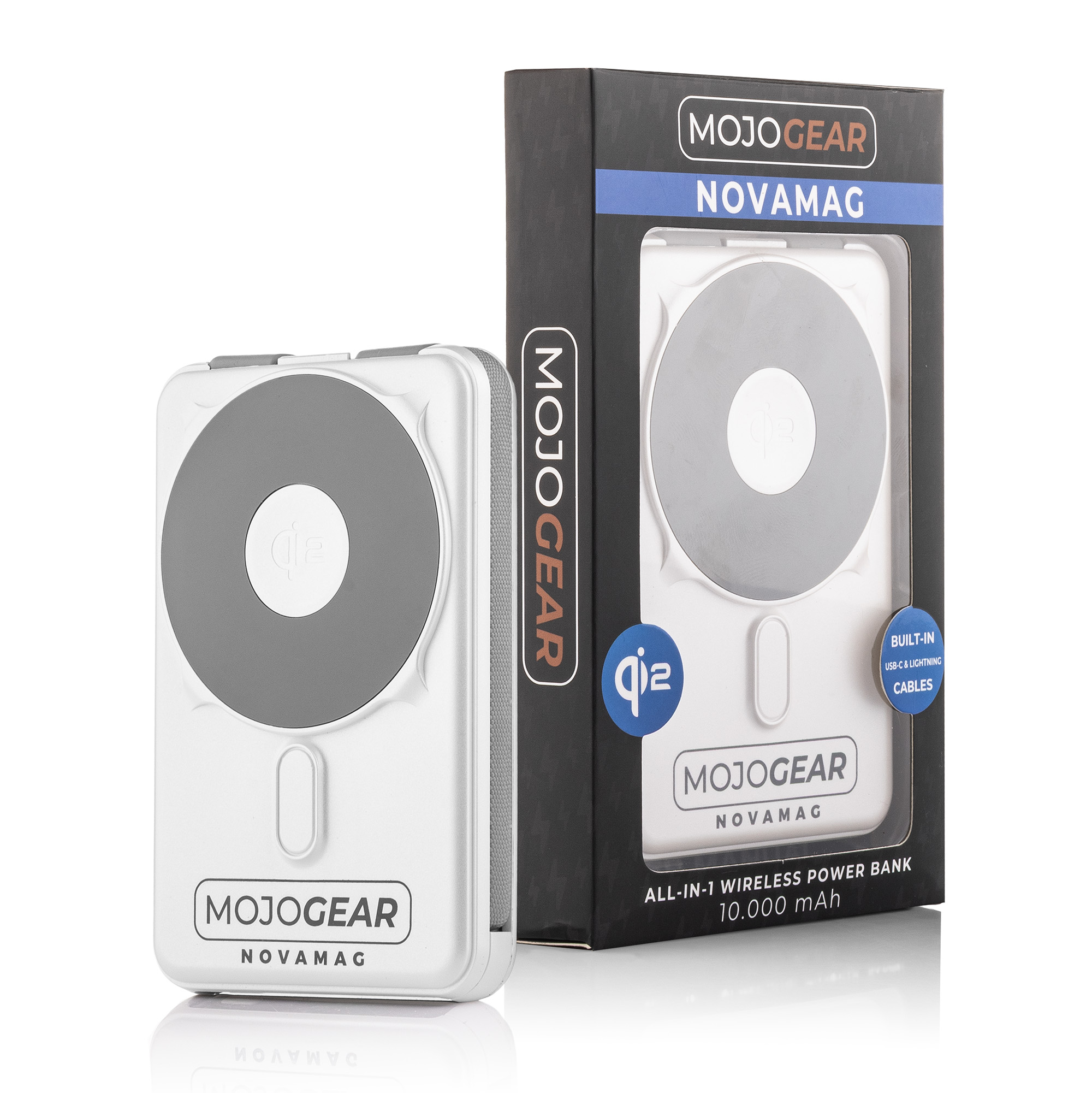 Een witte MOJOGEAR Novamag powerbank en de verpakking.