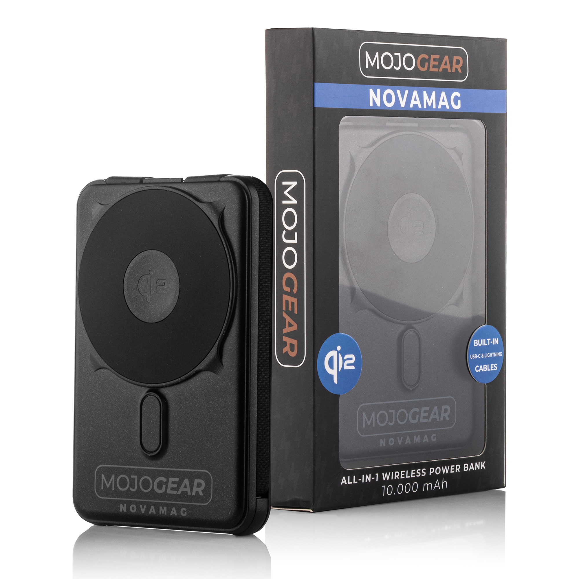 Schwarzes MojoGear NovaMag Wireless Powerbank und Verpackung mit Qi-Logo.