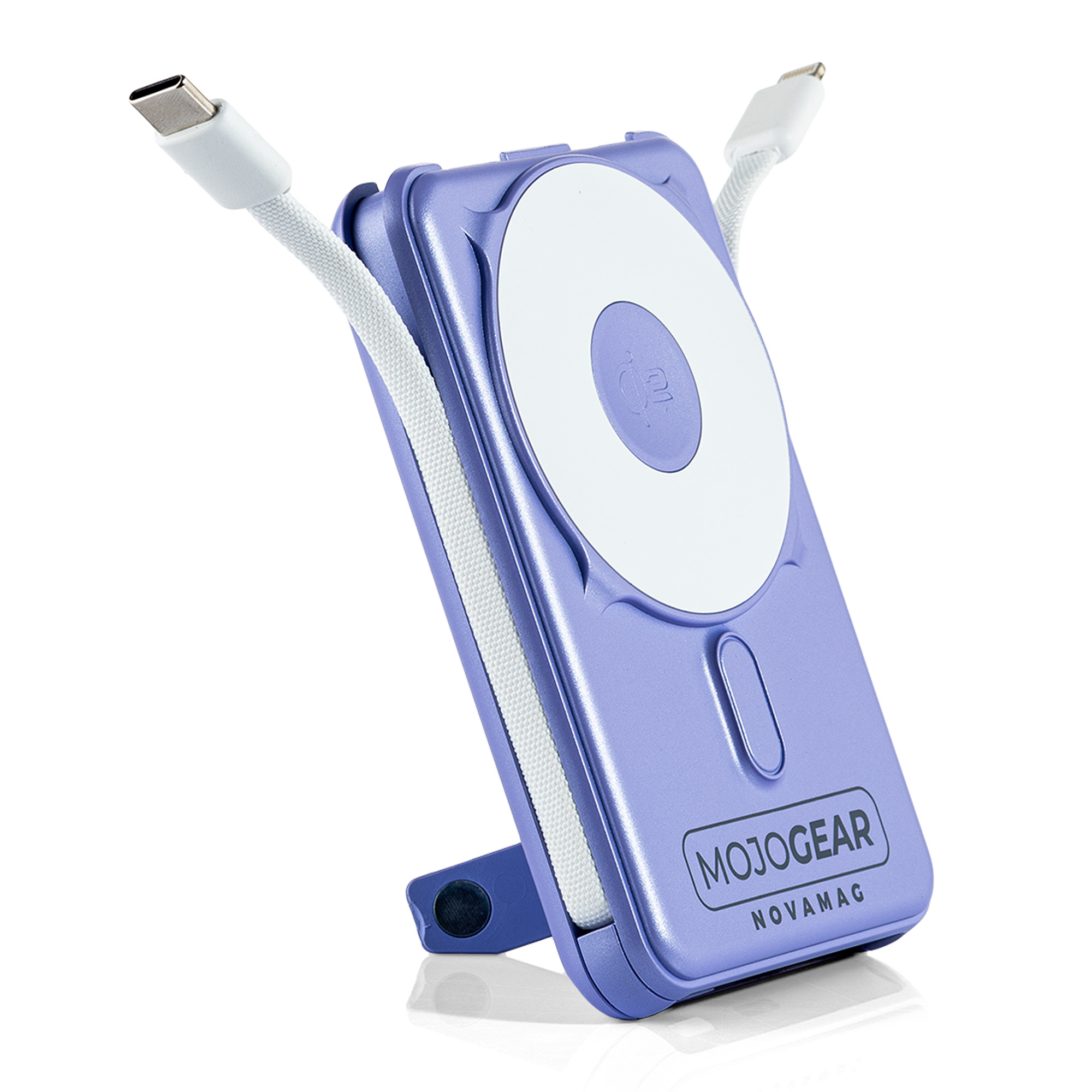Ein lila Powerbank-Ständer mit weißen USB-C-Kabeln.