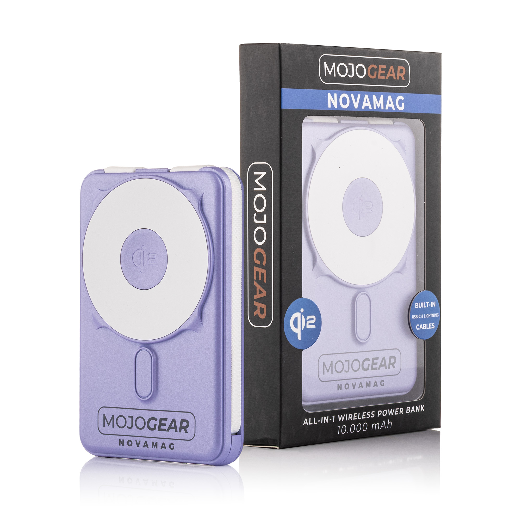 Lila MojoGear NovaMag Powerbank neben seiner Verpackung.