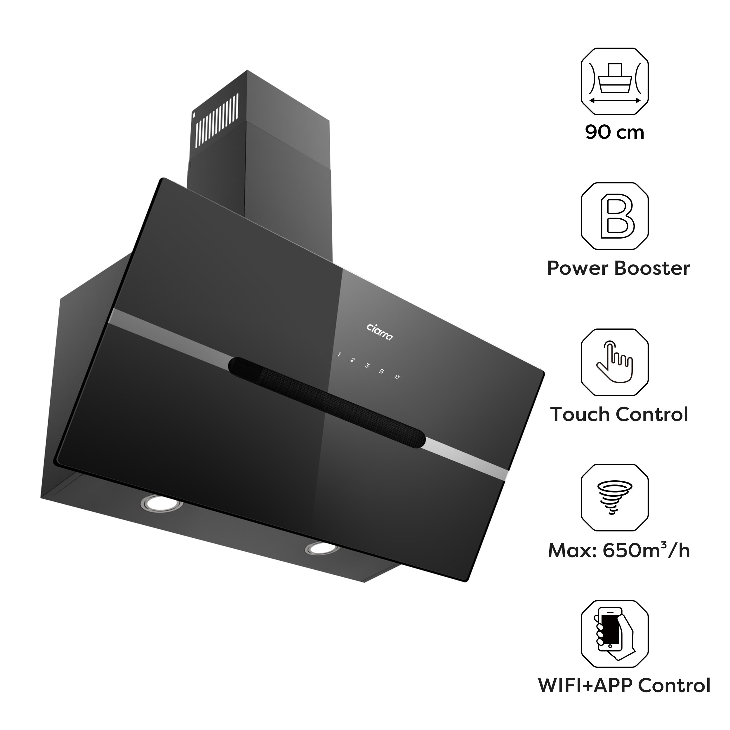 Zwarte afzuigkap met touch control, 90 cm breed en app-bediening.