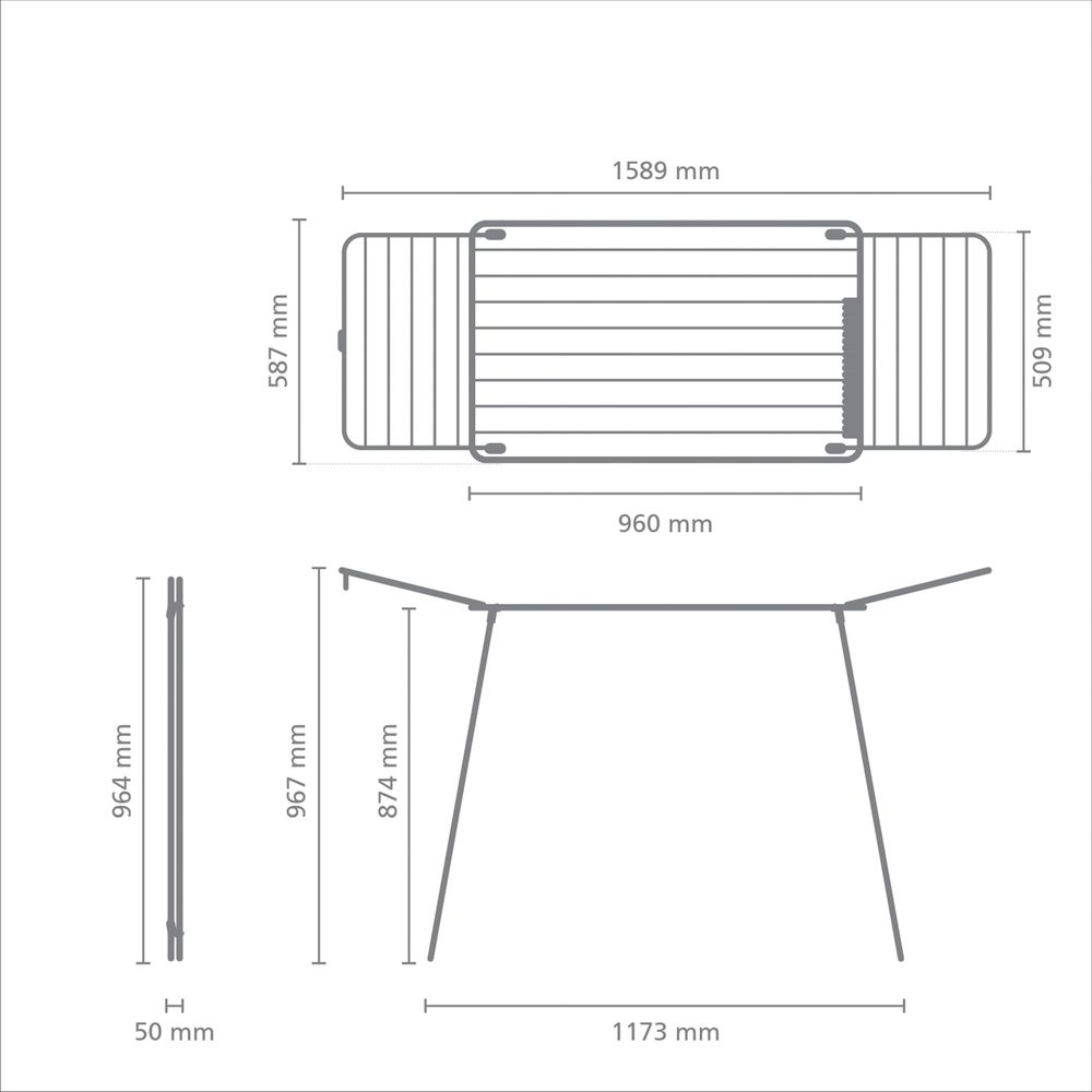 Technische tekening van een tafel met afmetingen. Aanzicht van boven en zijaanzicht.
