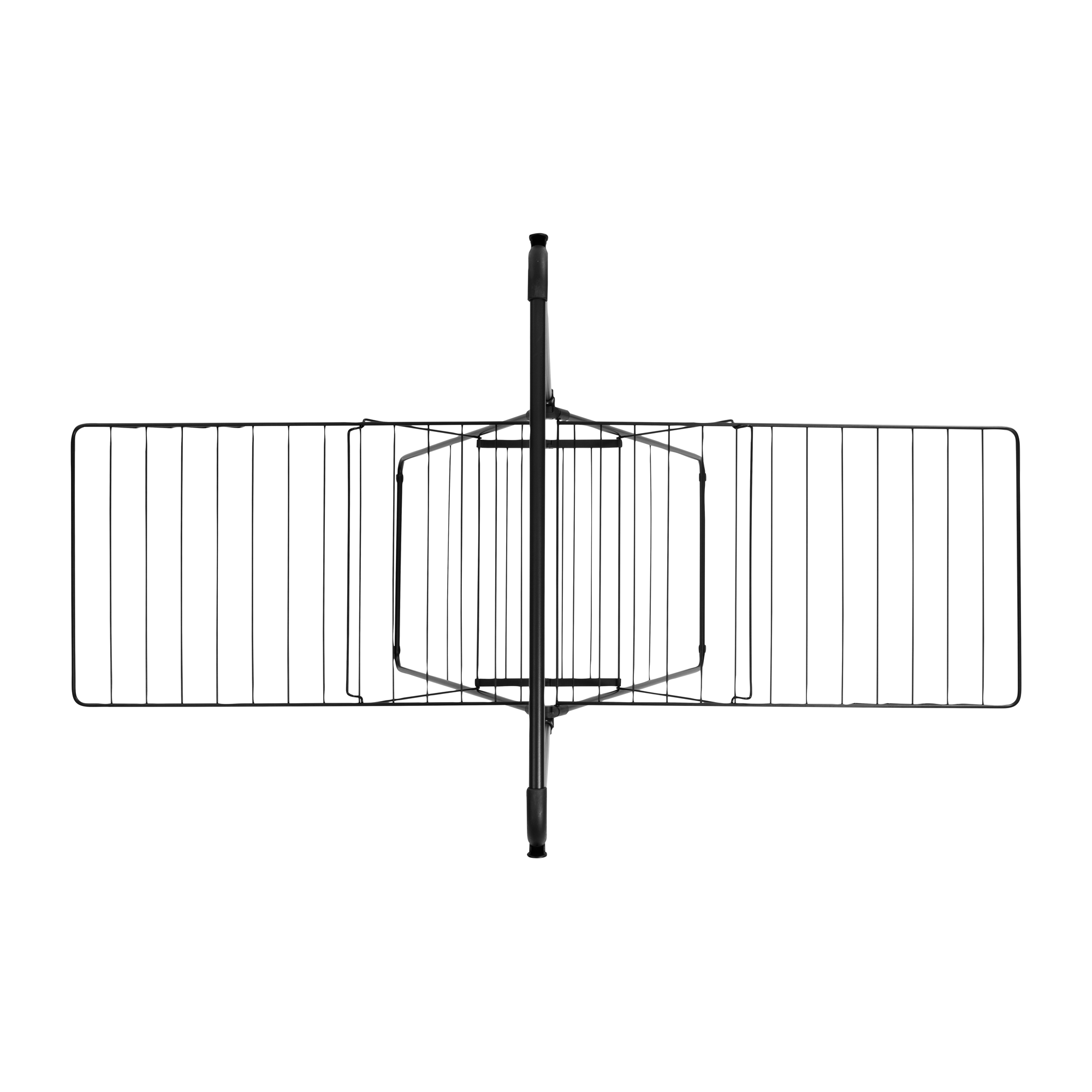 A black drying rack with foldable wings against a white background.