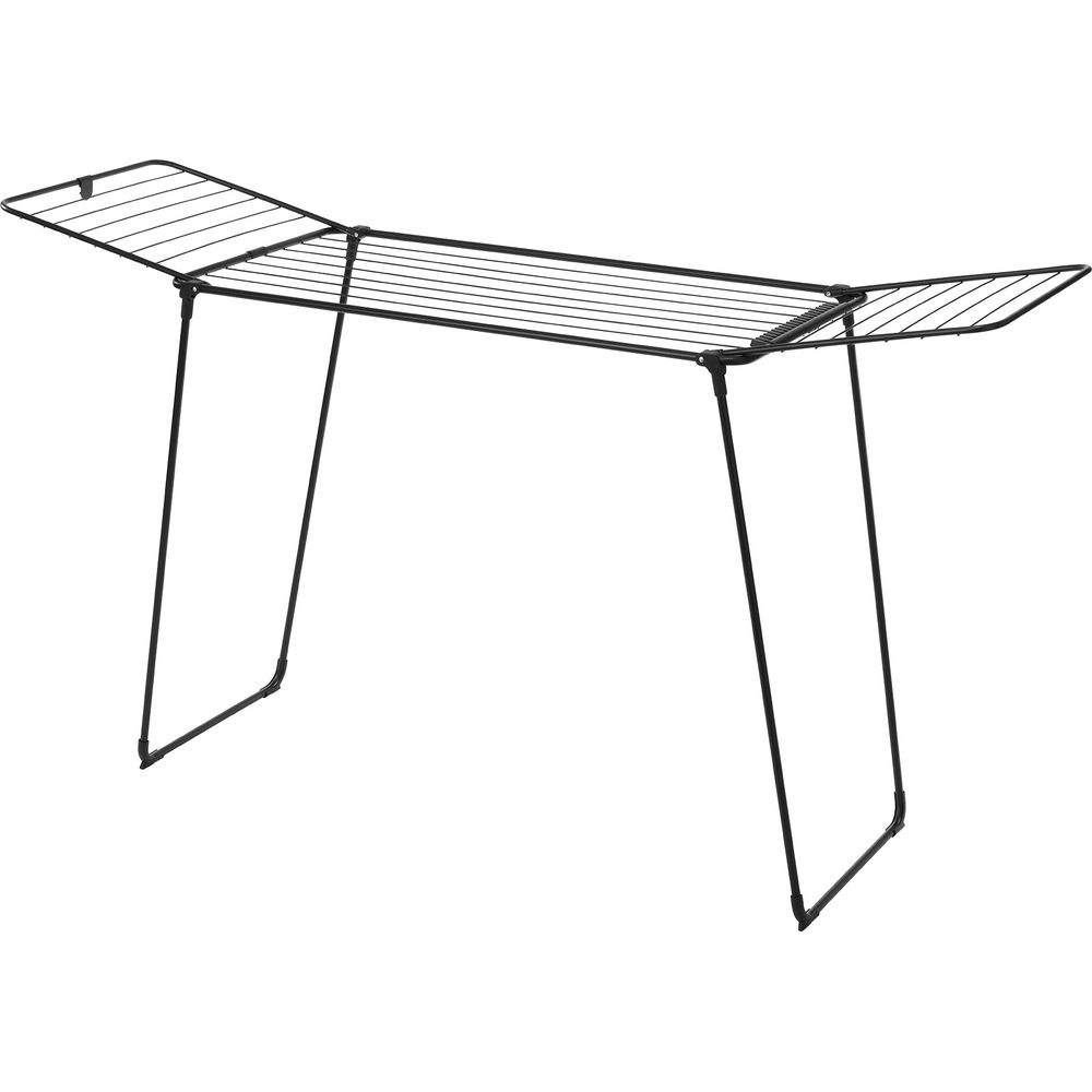 Un étendoir à linge noir avec ailes pliables sur fond blanc.