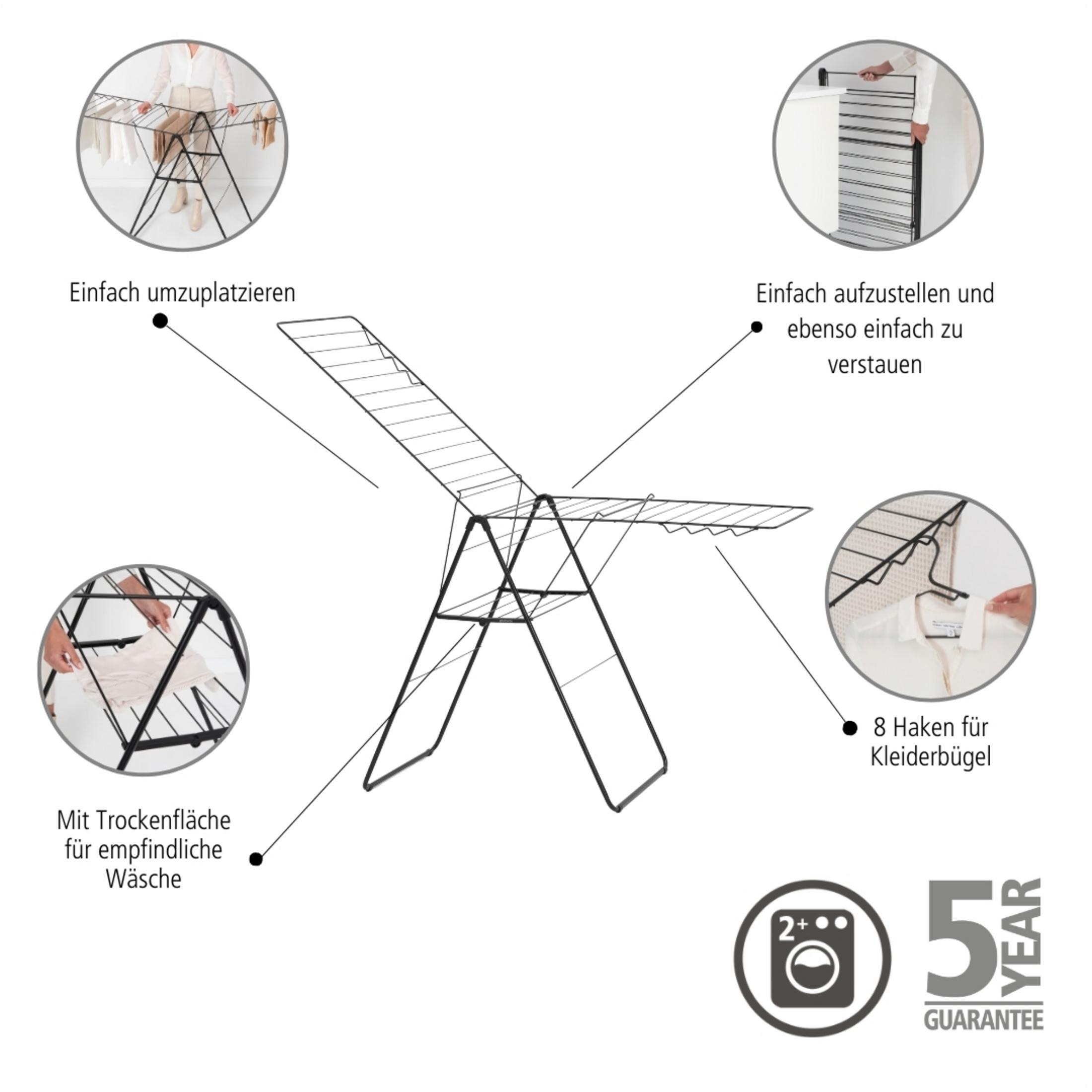A foldable drying rack with drying surface, 8 hooks, and a 5-year guarantee.