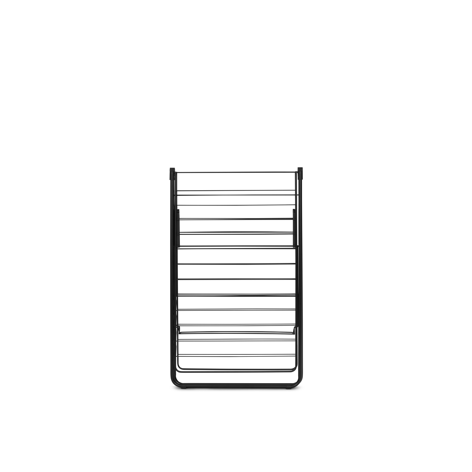 A black drying rack with multiple horizontal bars against a white background.