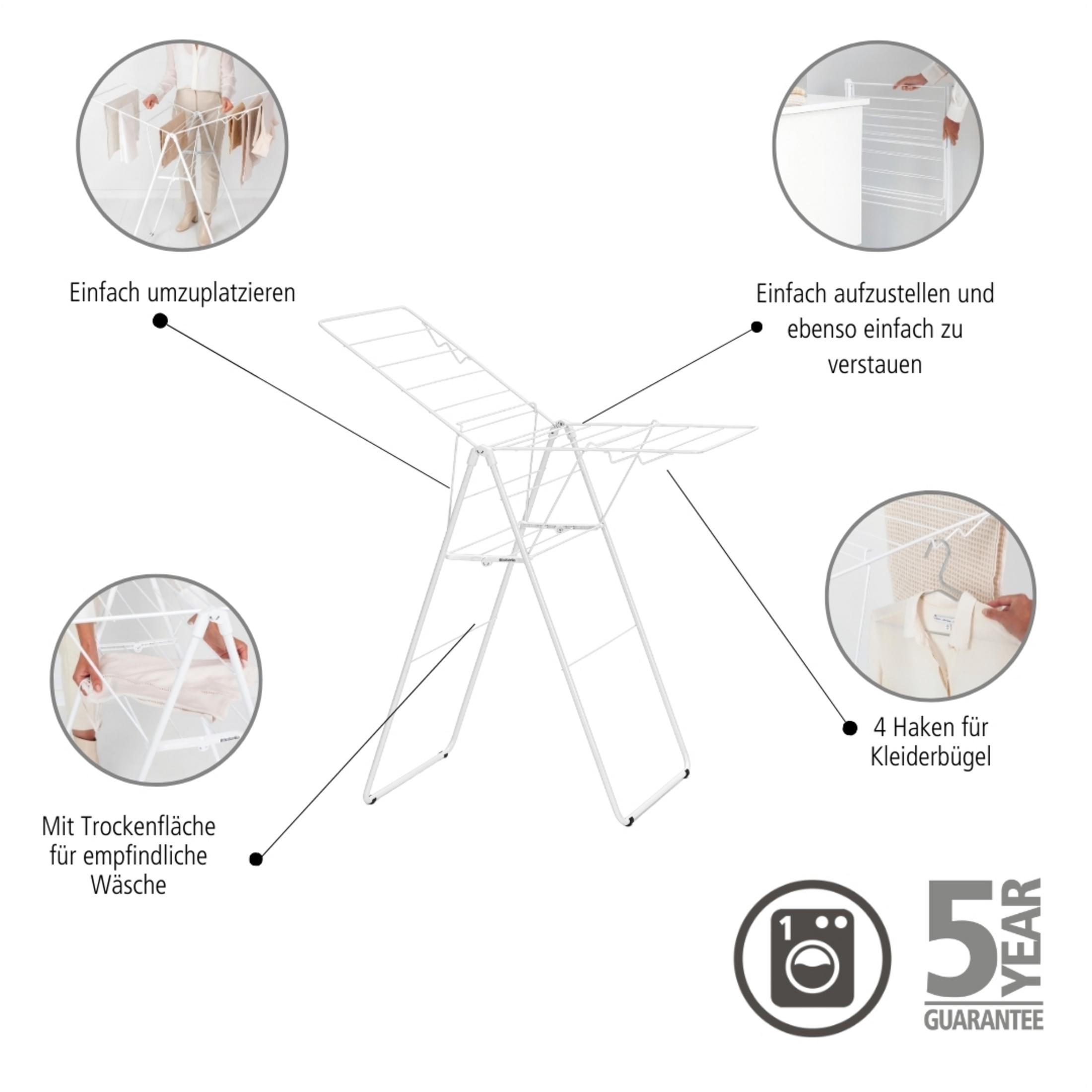 White collapsible clothes drying rack with 4 hanger hooks and 5-year guarantee.