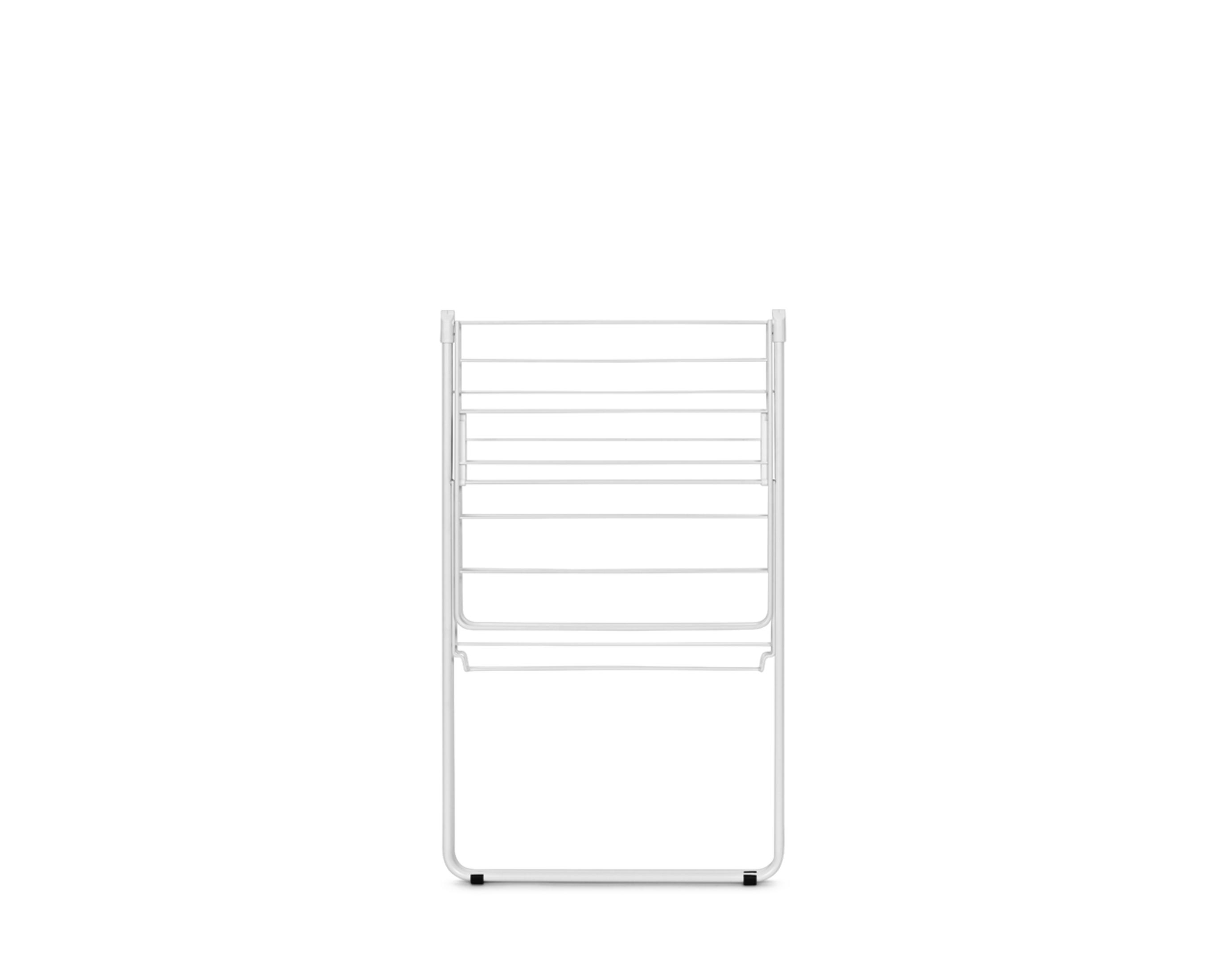 A white, multi-tiered drying rack stands against a white background.