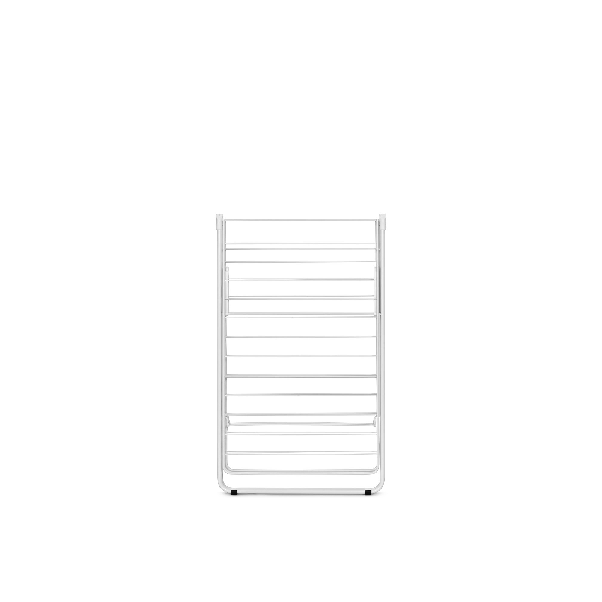 A white drying rack with multiple horizontal bars on a white background.